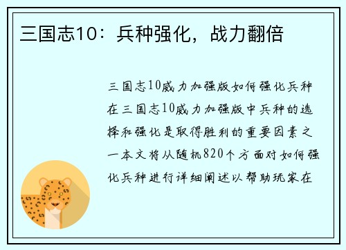 三国志10：兵种强化，战力翻倍